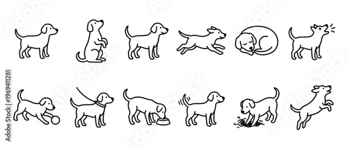Collection of simple black outline dog illustrations depicting various poses and activities on a clean white surface