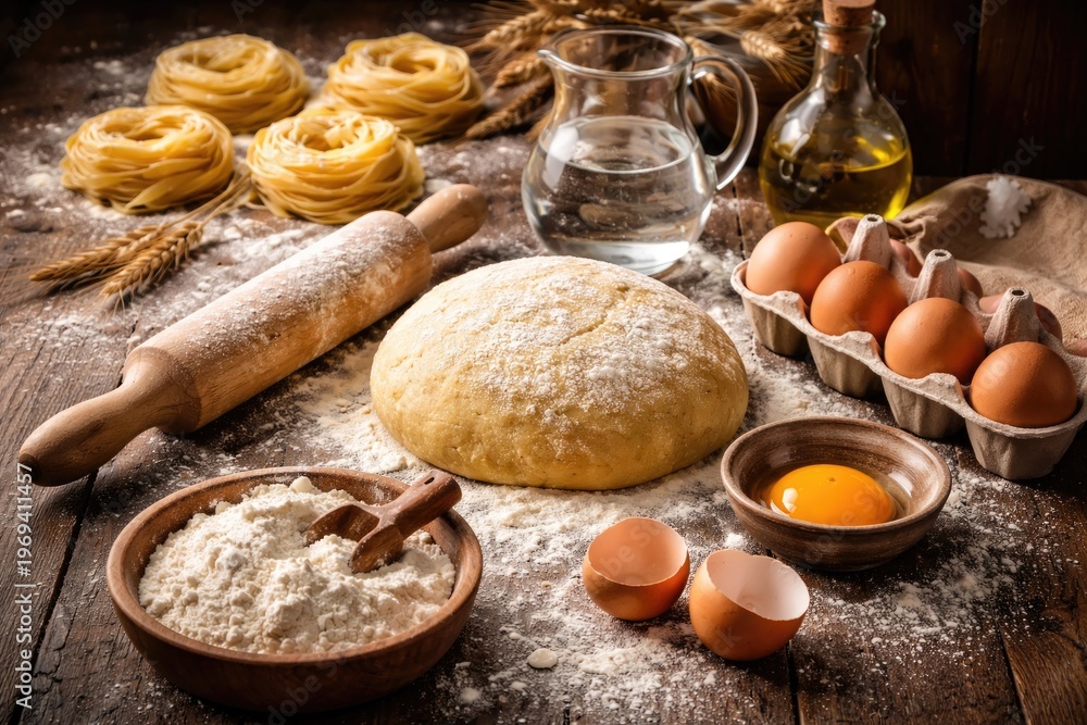 Fototapeta premium Essential ingredients and utensils for making fresh pasta