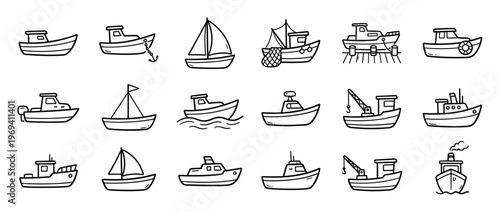 Collection of various hand-drawn doodle boat icons in black outline, showcasing different types of vessels and marine transport