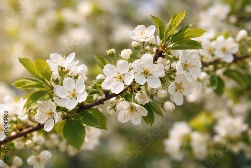 Detailed closeup of a blossoming tree branch with white petals and lush green leaves highlighting terrestrial plant beauty