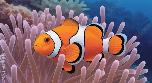 Vibrant Orange Clownfish with White Stripes and Black Outlines in the Ocean