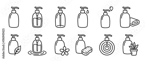 Collection of twelve black outline icons depicting various liquid soap dispenser bottles and related hygiene items
