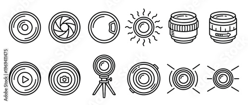 Collection of twelve black outline photography icons, including camera lenses, apertures, and light sources, arranged neatly