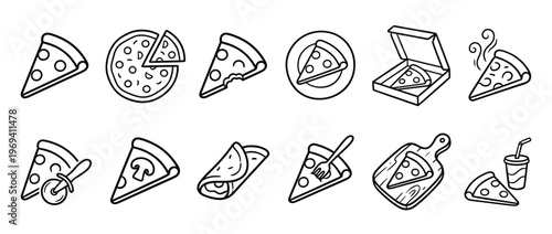 Collection of various pizza slices and whole pizzas in a simple black outline cartoon style, with different toppings and serving methods