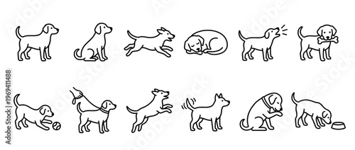 Collection of simple black outline dog icons illustrating various common dog behaviors and activities