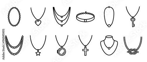 Collection of various outline jewelry icons, including necklaces, chokers, and pendants with different charms, presented in a clean, minimalist style