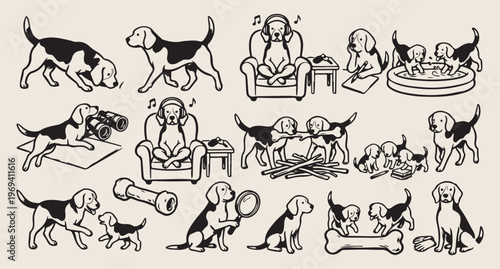Dogs sitting patiently, puppy training line art, pet behavior vector, waiting dogs background, animal portrait pattern, canine obedience illustration, hand drawn dogs art
