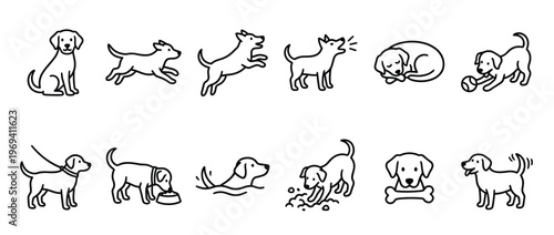 Collection of twelve simple black outline dog icons depicting various actions and emotions, presented in a clean, illustrative style