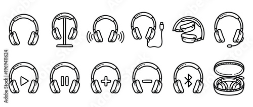 Collection of twelve black and white line art icons depicting various types of headphones and related accessories