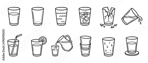 Various black outline hand-drawn illustrations of different drinking glasses, some filled with liquid, some empty, and some broken, depicted in a simple cartoon style