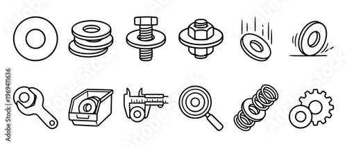 Collection of black outline icons depicting various washers, bolts, nuts, and related tools, in a clean, graphic style