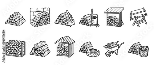 Collection of various firewood stacks and related tools, depicted in a clean, minimalist line art style