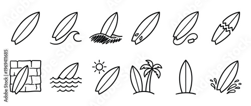Collection of hand-drawn black outline surfboard icons in various poses, depicting different surfing scenarios and beach elements