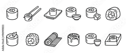 Collection of various hand-drawn sushi rolls and related items, presented as black outline illustrations on a clean white surface