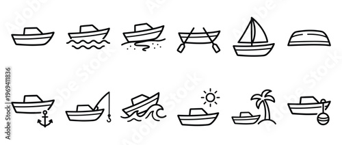 Collection of simple black outline boat icons, depicting various types of vessels and nautical activities in a clean, minimalist style