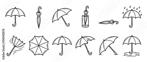 Collection of various hand-drawn umbrella illustrations, depicting different states and perspectives in a clean outline style