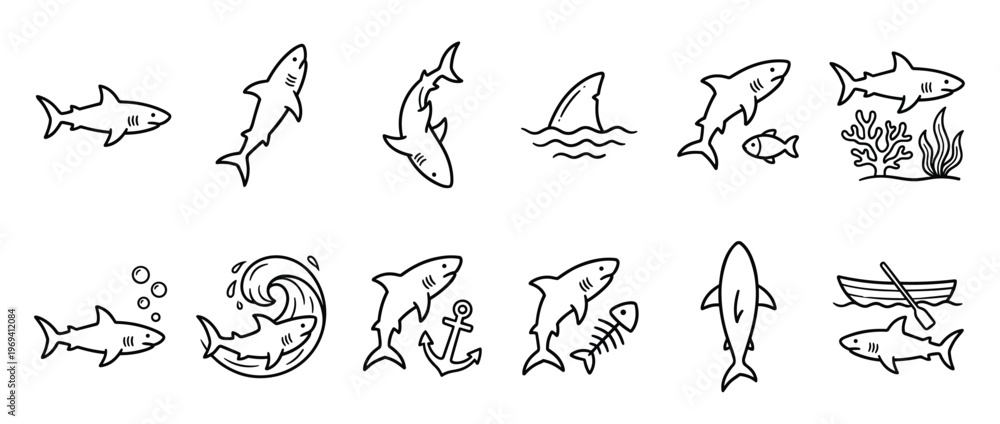Fototapeta premium Collection of simple black outline shark illustrations in various poses and interactions, presented in a clean, graphic style