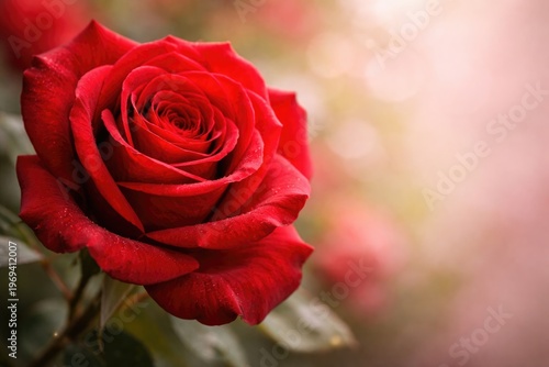 Close up of a vibrant red rose with copy space on a soft background