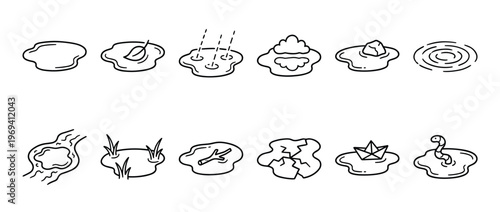 Collection of hand-drawn puddle icons depicting various elements like leaves, rain, clouds, rocks, and paper boats