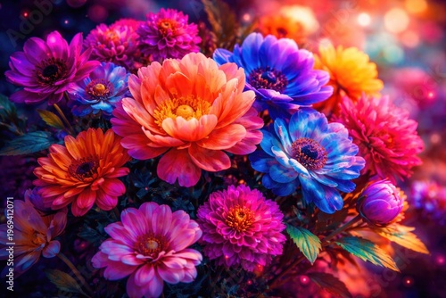Beautiful flowers enhanced with vivid color filters for artistic effect