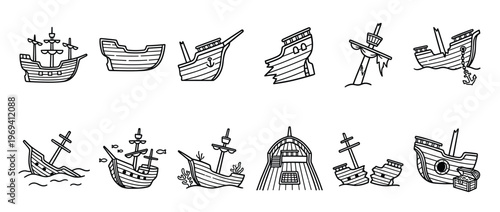 Collection of various simple black outline shipwreck illustrations, depicting different stages of damage and sinking, in a cartoon style