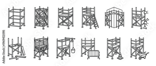Various black outline scaffolding structures and construction elements are arranged in a grid, illustrating different stages and types of building work