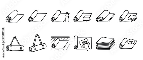 Collection of black outline yoga mat icons illustrating various uses and accessories for fitness and exercise