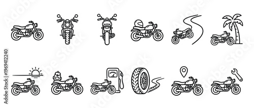 Collection of black outline motorcycle icons depicting various travel and maintenance scenarios in a simple, clean style
