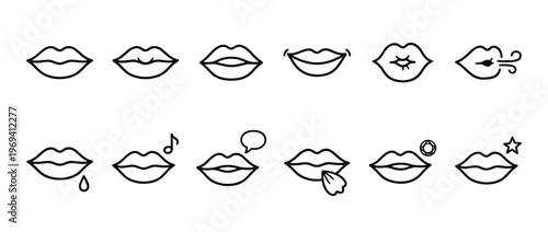 Collection of twelve black outline lip icons showing various expressions and actions in a clean, simple style