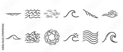 Collection of various hand-drawn black line art water waves and ripples on a clean white surface