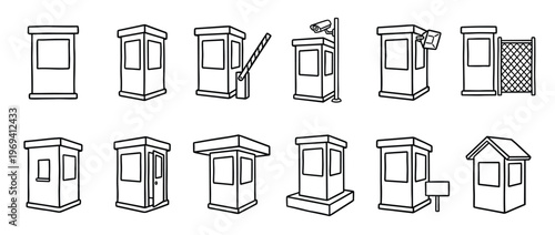 Collection of various hand-drawn security booths and guard houses in a simple black and white line art style
