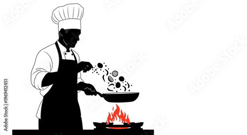 Chef Cooking Food in Pan on Fire, Silhouette of Man in Chef Hat and Apron
