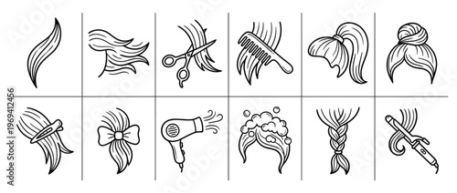 Collection of twelve black outline illustrations depicting various hair styles, tools, and care concepts in a clean, graphic style