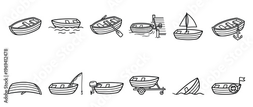 Collection of various small rowboats and dinghies in a simple black and white line art style, depicted from different angles