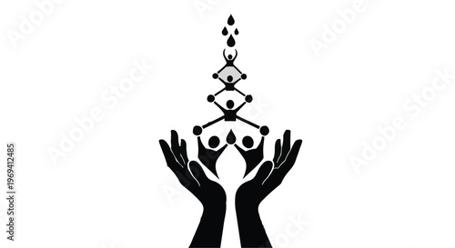 Hands reaching up to support a growing network of connected people symbolizing unity and collaboration