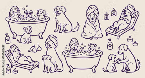 Dogs taking a bath, grooming spa line art, pet care vector pattern, cute puppies in towel, veterinary care background, animal spa illustration, pampered pets wallpaper
