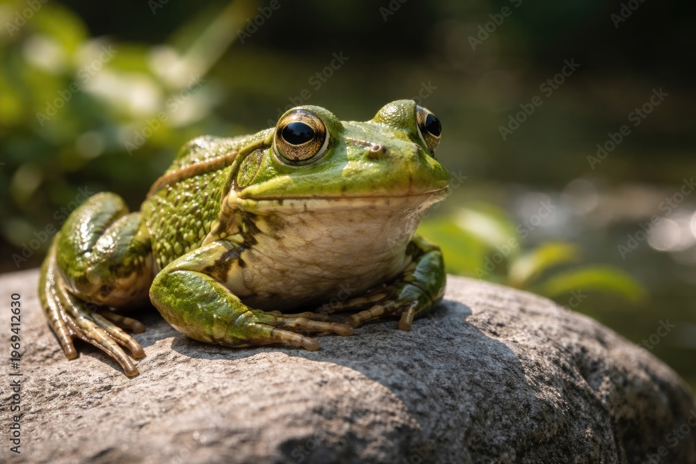Fototapeta premium Green Frog Resting on Gray Stone Under Bright Sunlight