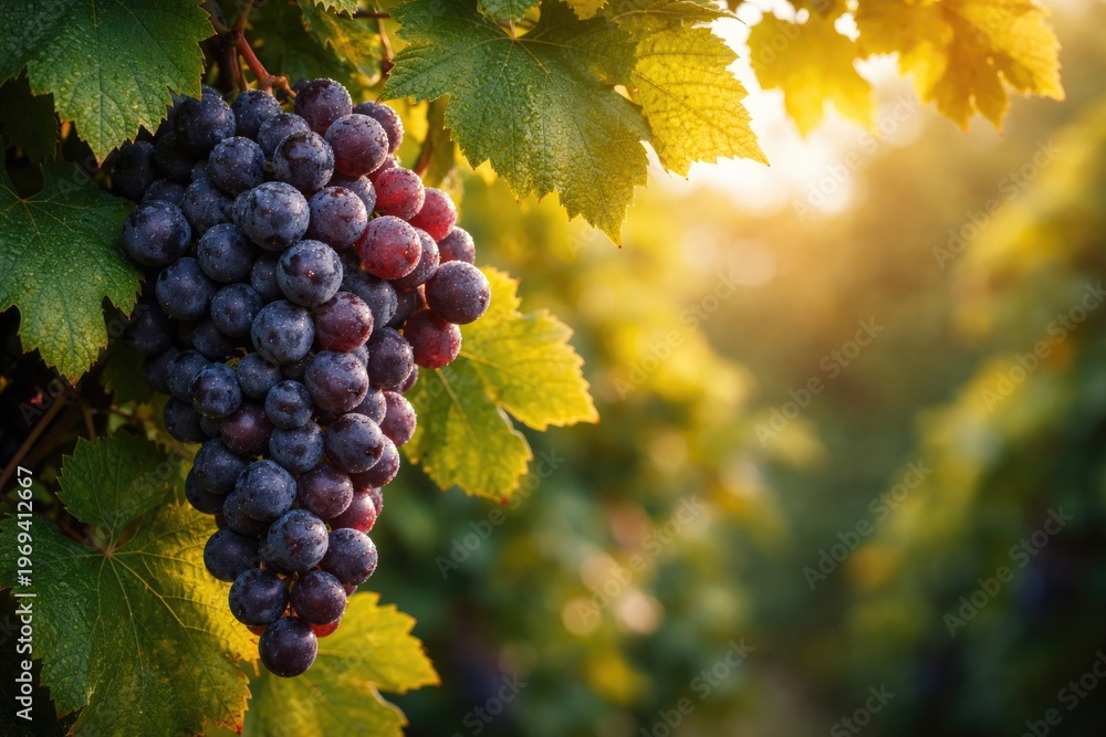 Fototapeta premium Close up of ripe wine grapes and leaves creating natural copy space