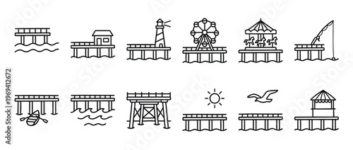 Various line art icons depicting different types of piers and related seaside activities, presented in a clean, minimalist style