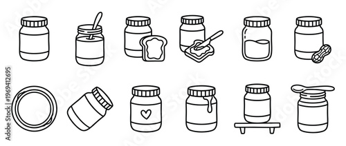 Collection of black outline icons depicting various jars of peanut butter and jelly with bread and spoons