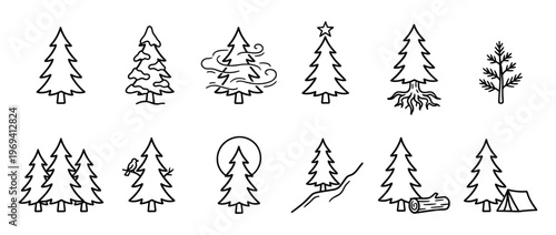 Collection of various simple black outline pine tree illustrations in a clean, minimalist style, viewed from a straight-on perspective