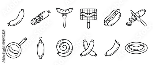 Various black outline sausage icons are neatly arranged, depicting different forms of meat products and cooking methods
