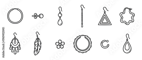 Various black outline earrings, including hoops, studs, drops, and cuffs, are neatly arranged in a clean, illustrative style