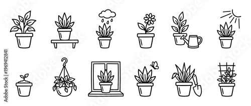 Collection of various potted plants and gardening elements in a clean, minimalist black outline style