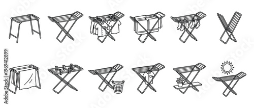 Collection of various line art illustrations depicting different types of laundry drying racks and their uses, presented in a clean, minimalist style