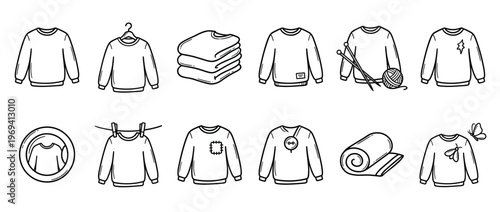 Collection of hand-drawn black and white doodle icons depicting various sweaters and related clothing items