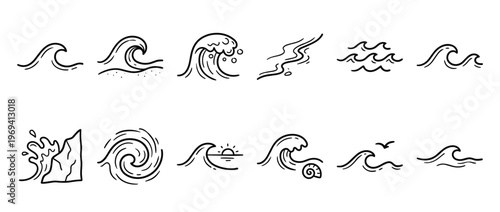Collection of hand-drawn ocean wave illustrations in various styles, depicting different water movements and elements