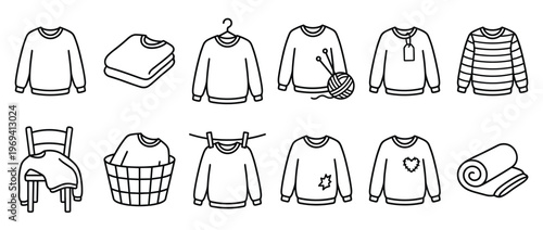 Collection of simple black outline sweater icons illustrating various states and activities related to clothing