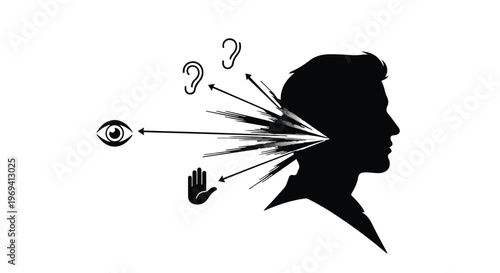 Sensory overload concept: senses impacting a person's mind with abstract energy bursts