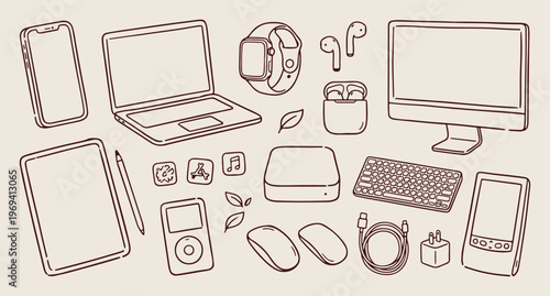 Modern technology gadgets, laptop and smartphone vector, wireless earphones line art, smartwatch background, digital device pattern, electronic tools illustration, tech lifestyle wallpaper
